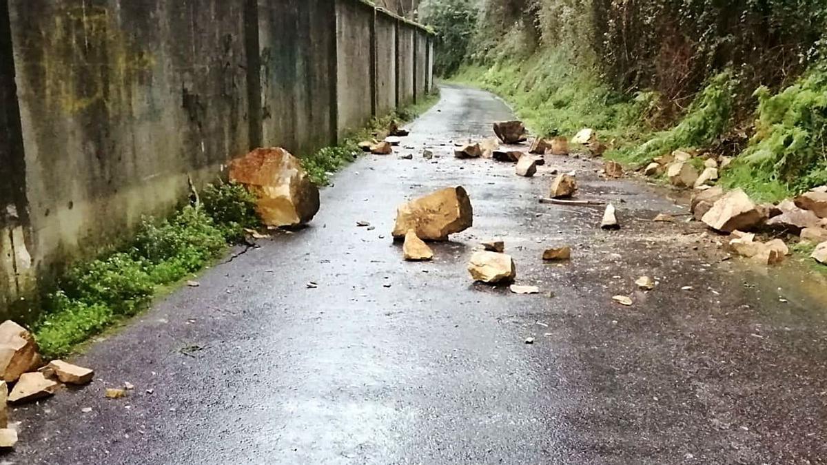 Las piedras que cayeron ayer sobre el vial de Rodman en la parroquia de Meira, en una situación que se repite de forma constante. |   // FDV