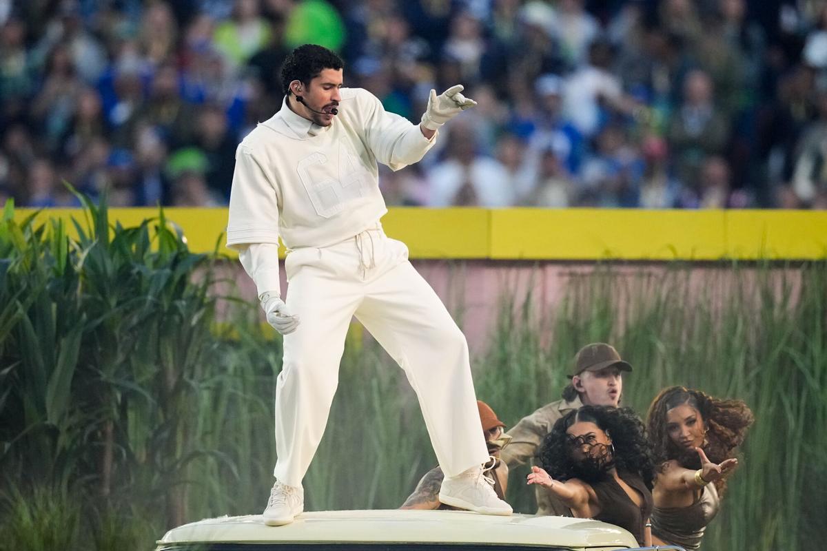 Bad Bunny performs during halftime of the NFL Super Bowl 60 football game between the New England Patriots and the Seattle Seahawks, Sunday, Feb. 8, 2026, in Santa Clara, Calif. (AP Photo/Julio Cortez)