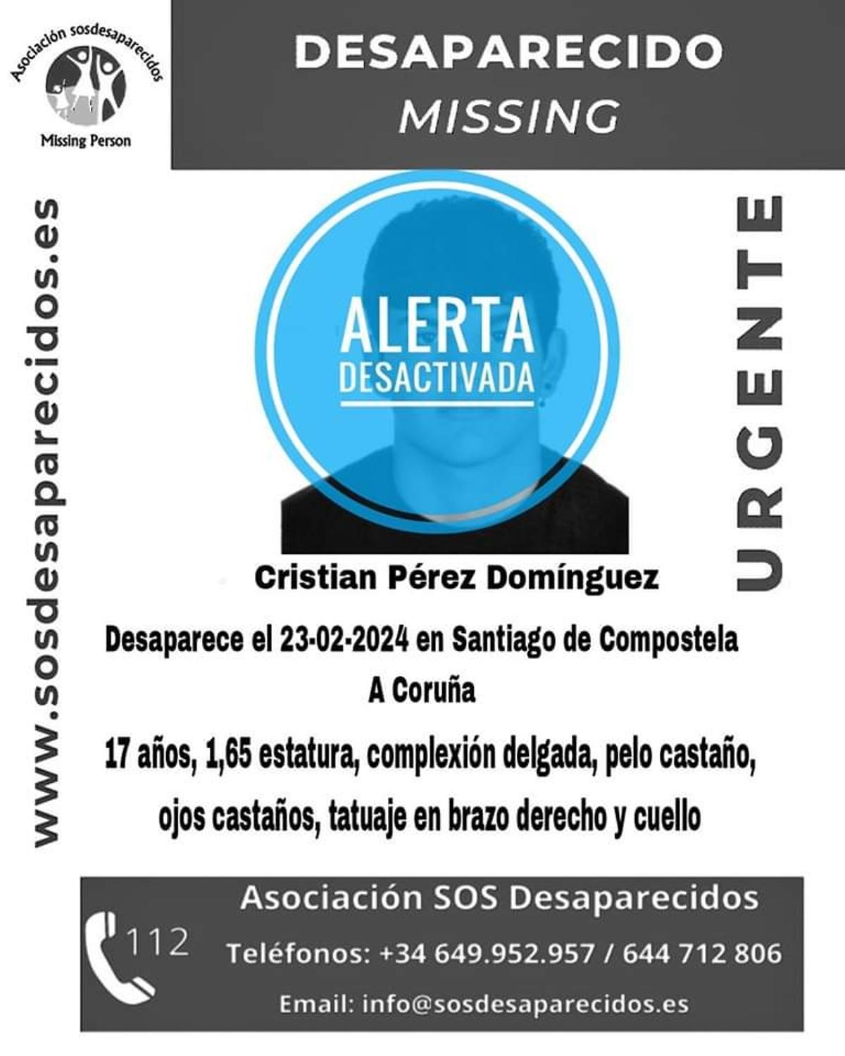 Alerta desactivada en el caso de Cristian P.D. 26 febrero 2024. SOS DESAPARECIDOS