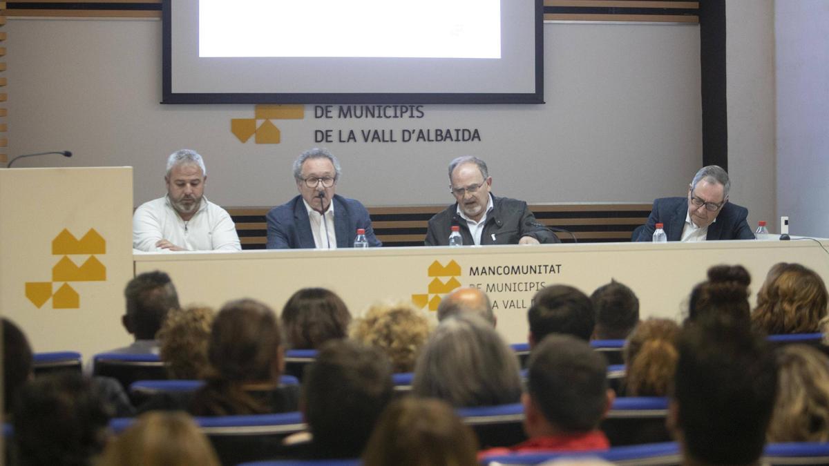 El presidente de la Mancomunitat de la Vall d'Albaida, segundo por la izquierda, en su pleno de investidura.