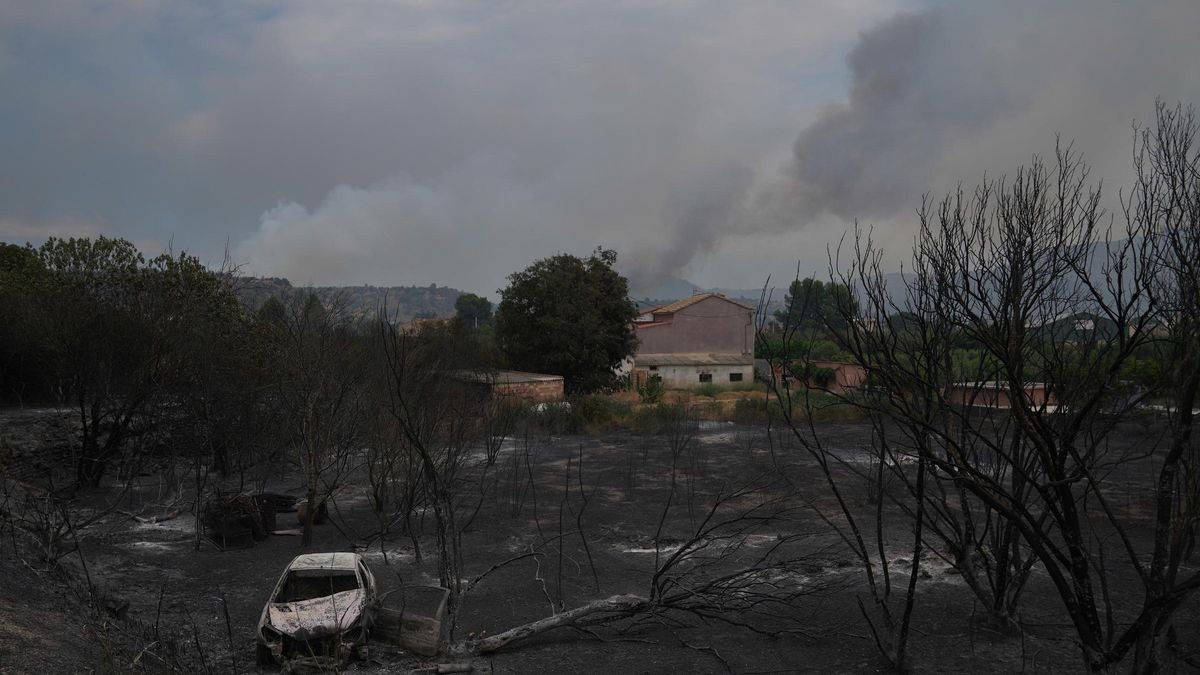 Un vehículo calcinado por el incendio de Paüls (Barcelona).