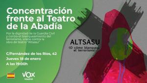 Vox se concentrará el jueves frente al Teatro de la Abadía por el estreno de la obra Altsasu