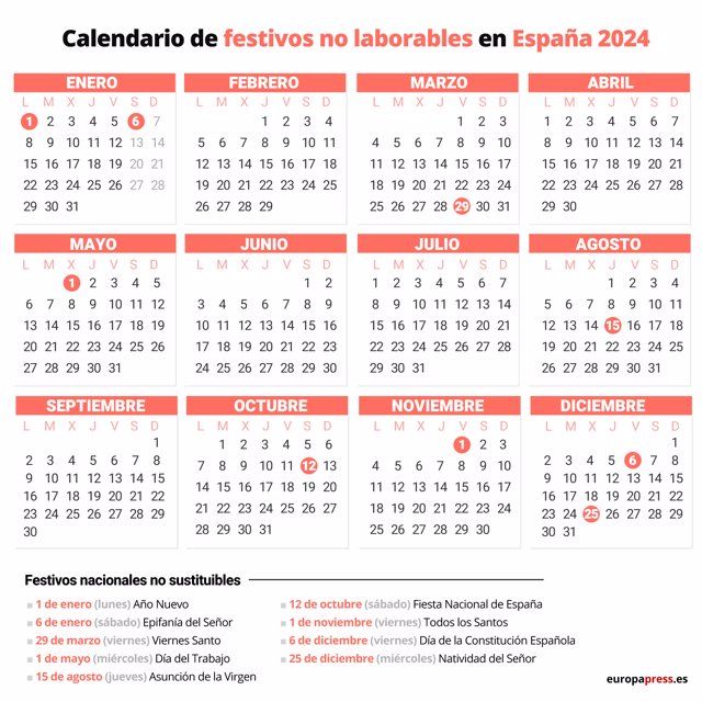 Calendario laboral 2024 en España ¿Qué festivos hay en 2024? La