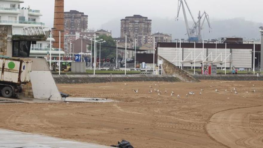 Operarios de Emulsa limpian Poniente con, la izquierda, las banderas &quot;Q&quot; de Calidad turística y &quot;Ecoplayas&quot; ondeando.