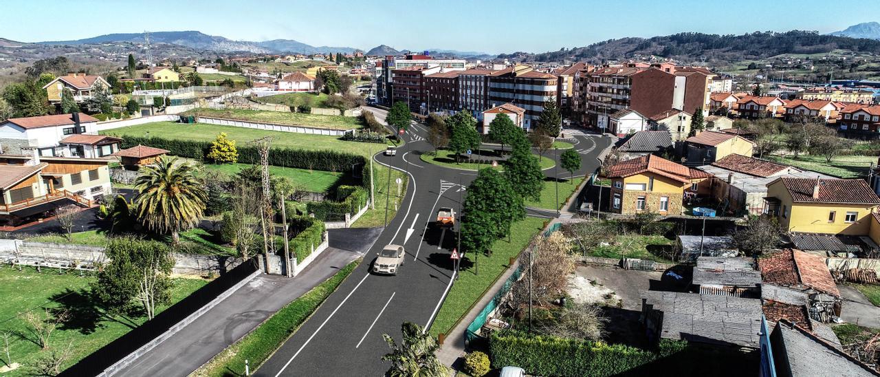 Recreación de la futura rotonda de acceso a El Berrón por la zona oeste de la localidad, en una perspectiva desde la área de entrada de los vehículos procedentes de Argüelles