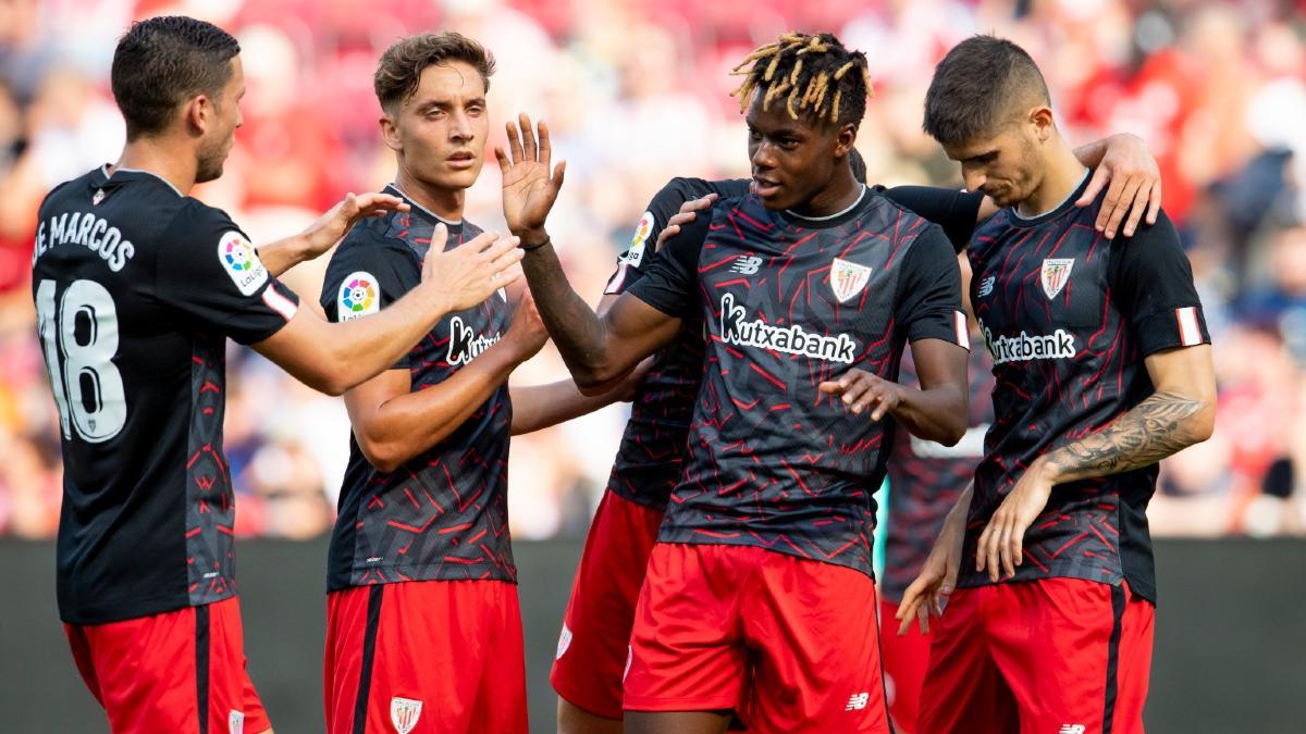 Los jugadores del Athletic en la celebración de un gol