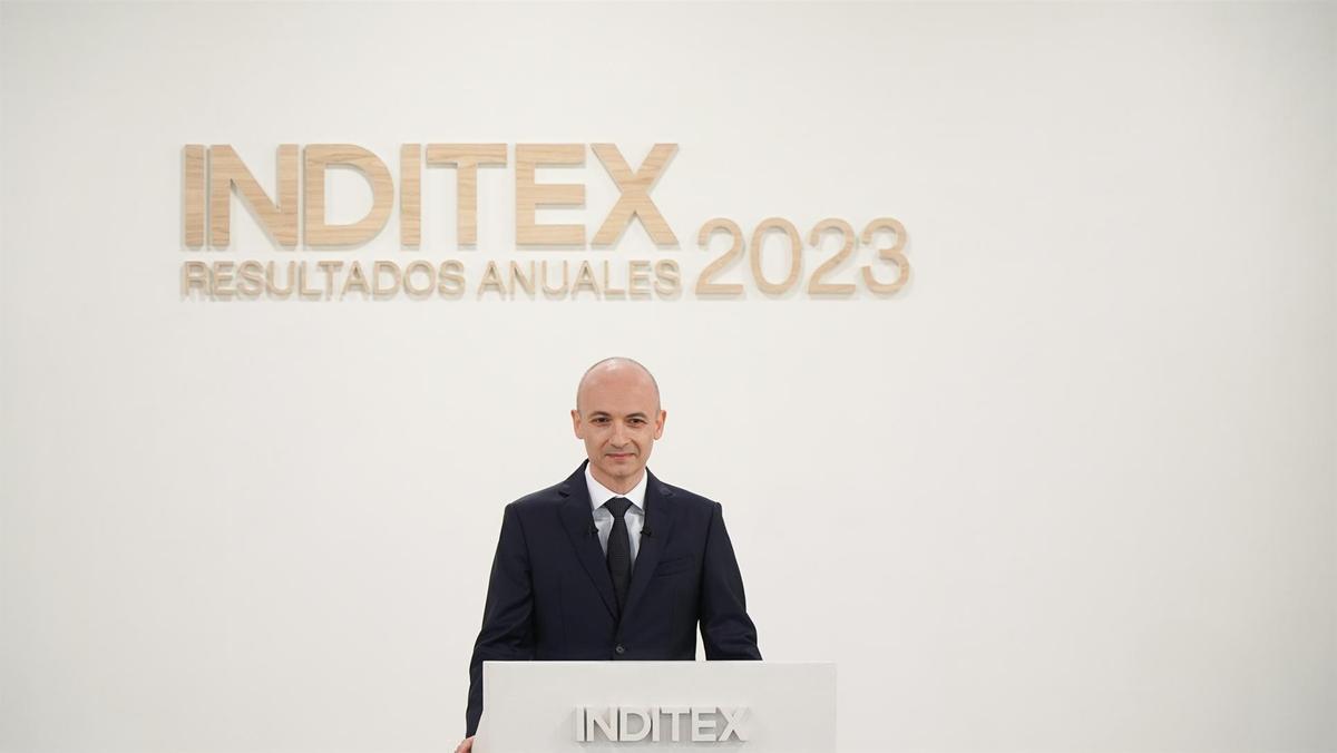 El consejero delegado de Inditex, Óscar García Maceiras, durante la presentación de los resultados del ejercicio 2023 de Inditex, a 13 de marzo de 2024, en Pontevedra, Galicia (España).