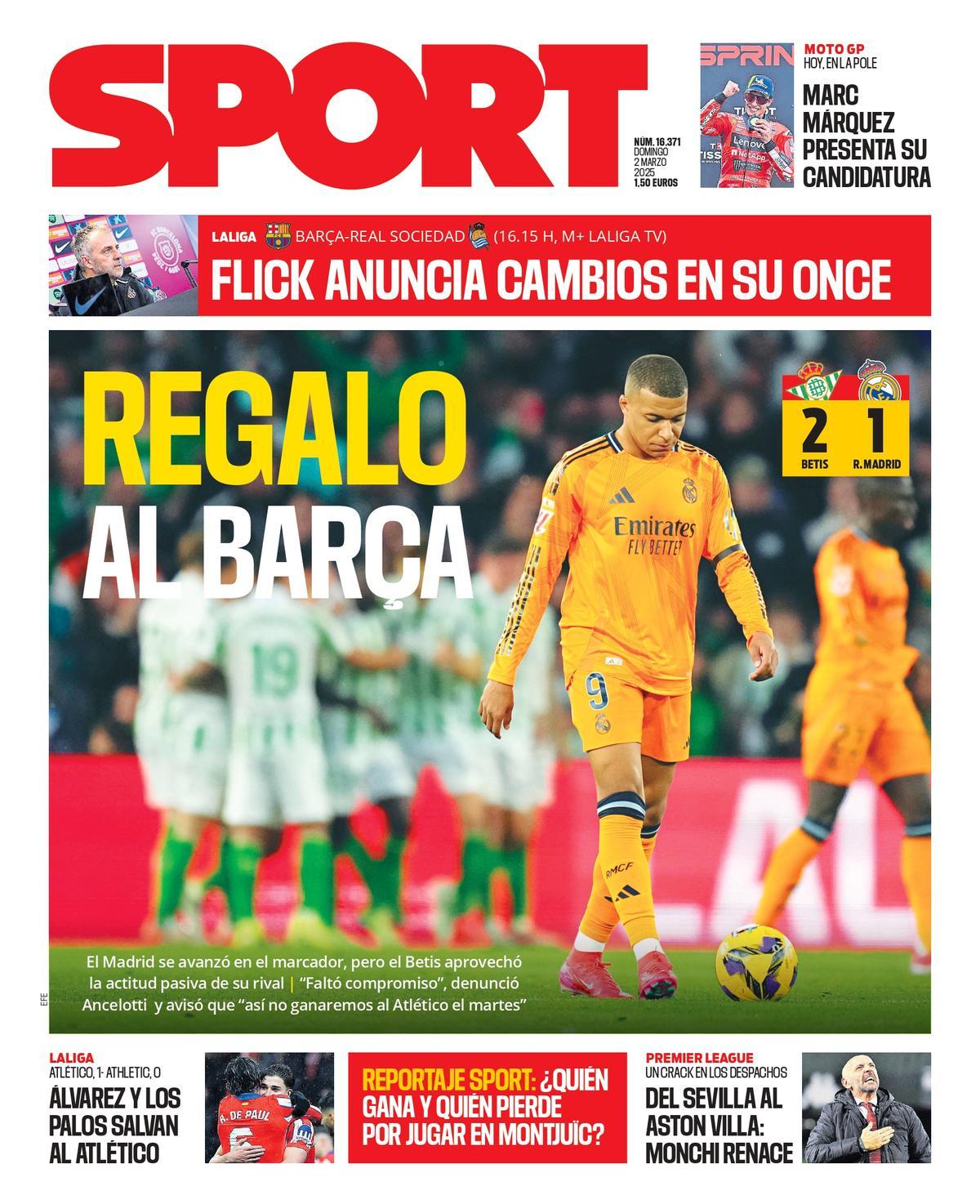 Esta es la portada de SPORT de este domingo, 2 de marzo de 2025