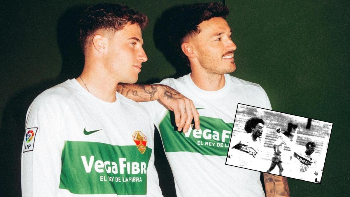 Valera y Josan posan con la camiseta retro y, en el detalle, imagen de la temporada 1991-1992
