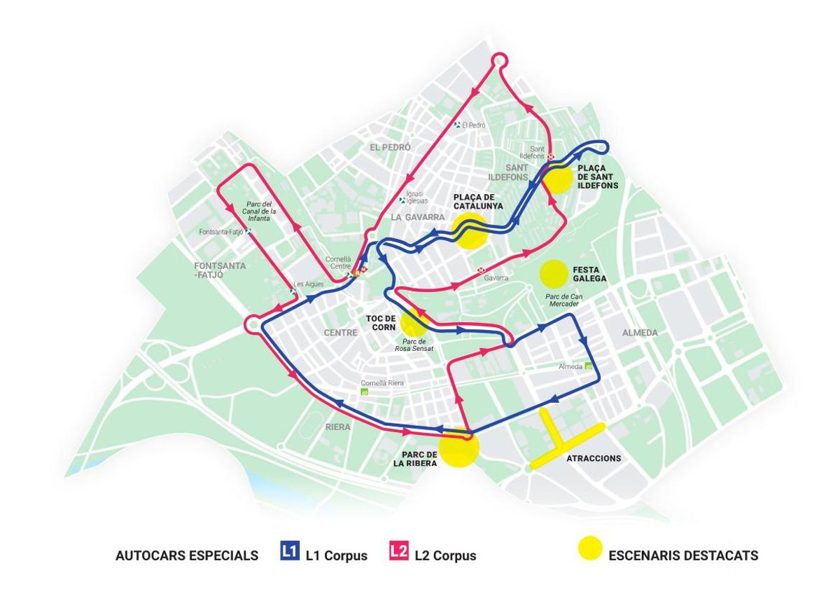 Mapa de las líneas de bus nocturnas para el Corpus de Cornellà.