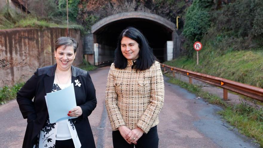 Por la izquierda, la senadora Rosa Domínguez de Posada y Carmen Fernández, portavoz de infraestructuras de Foro en la Junta General del Principado, ante el acceso al túnel de Aboño desde El Empalme, en Carreño.