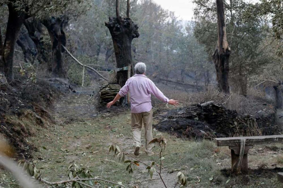 Un vecino camina por una de las zonas quemadas en el incendio de Folgoso do Courel, en 2022