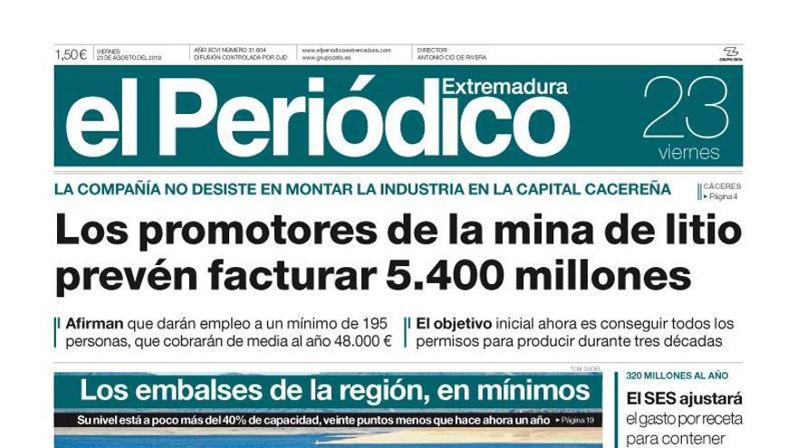 Esta es la portada de EL PERIÓDICO EXTREMADURA correspondiente al día 23 de agosto del 2019