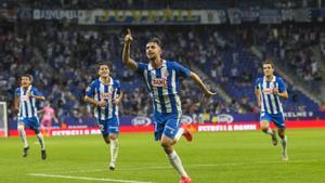 Espanyols Jofre Carreras celebrates after scoring the 1-1 tier during the Spanish LaLiga soccer match between RCD Espanyol and Villarreal CF, in Barcelona, Spain, 26 September 2024. EFE/ Alejandro Garcia. espanyol . villarreal. liga españa 2024/2025 espanyol . villarreal. 07. accion. rcde stadium