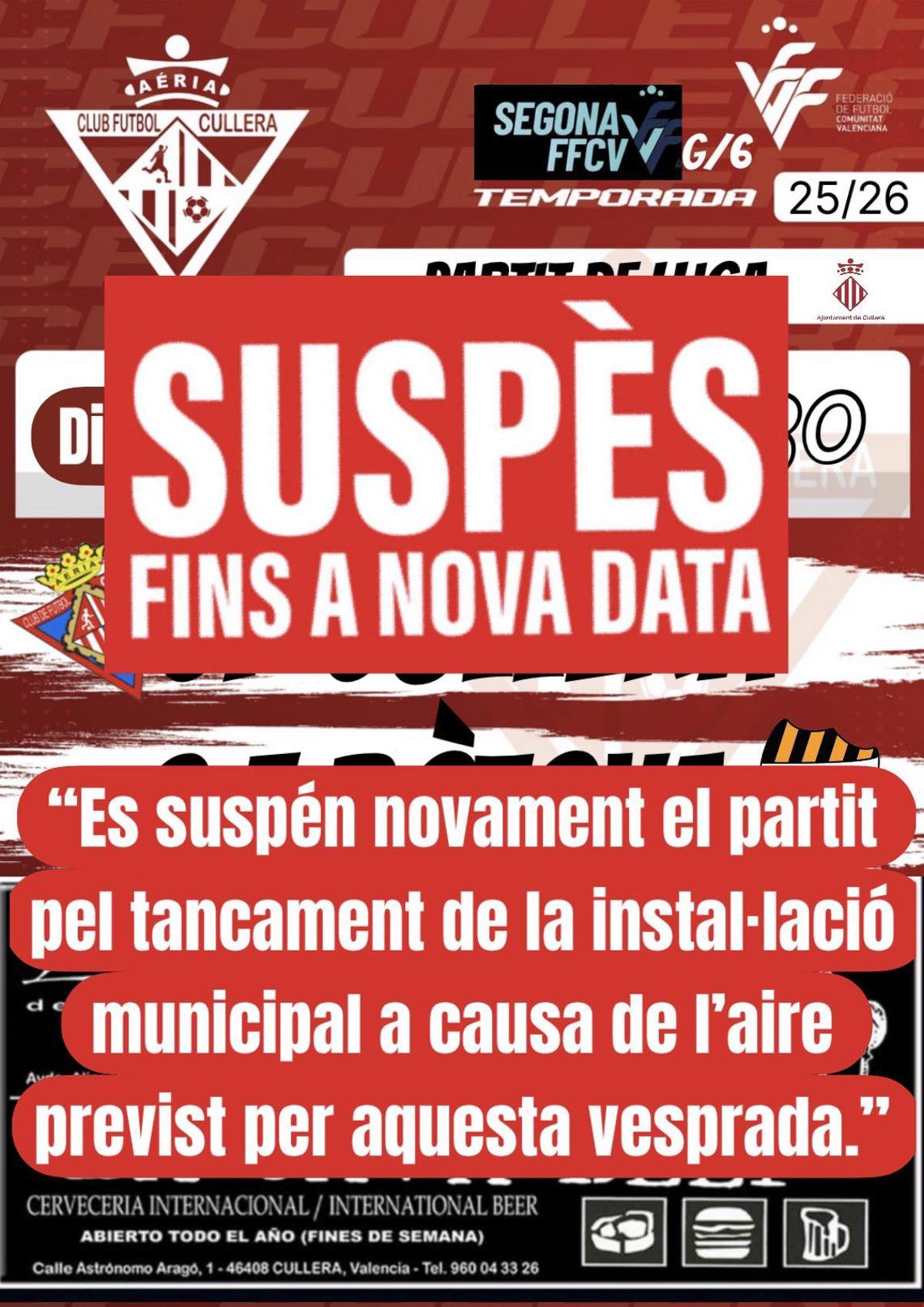 Cartel de la suspensión del partido.