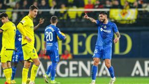 Omar Alderete of Getafe protest during the spanish league, La Liga EA Sports, football match played between Villarreal CF and Getafe CF at Estadio de la Ceramica on February 16, 2024, in Villarreal, Spain.