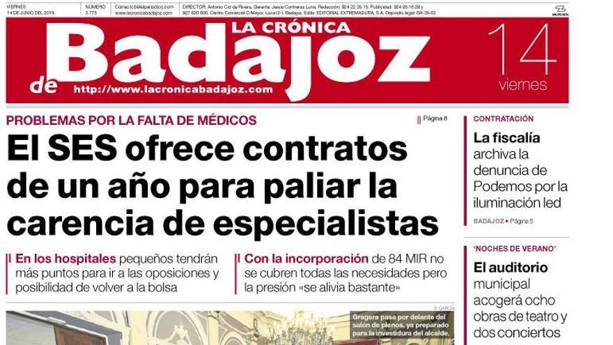 Esta es la portada de LA CRÓNICA DE BADAJOZ correspondiente al día 14 de junio del 2019