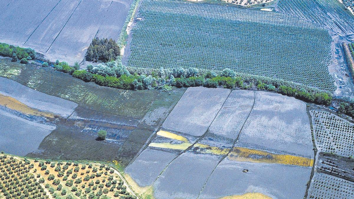 Vista aèria del riu Guadiamar, negat per materials tòxics després del trencament de la bassa d’Aznalcóllar, el 1998