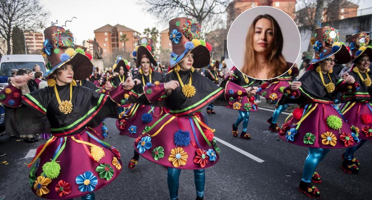 Una imagen del Carnaval de Cáceres. En el círculo, la influencer 'Mamá Atómica'.