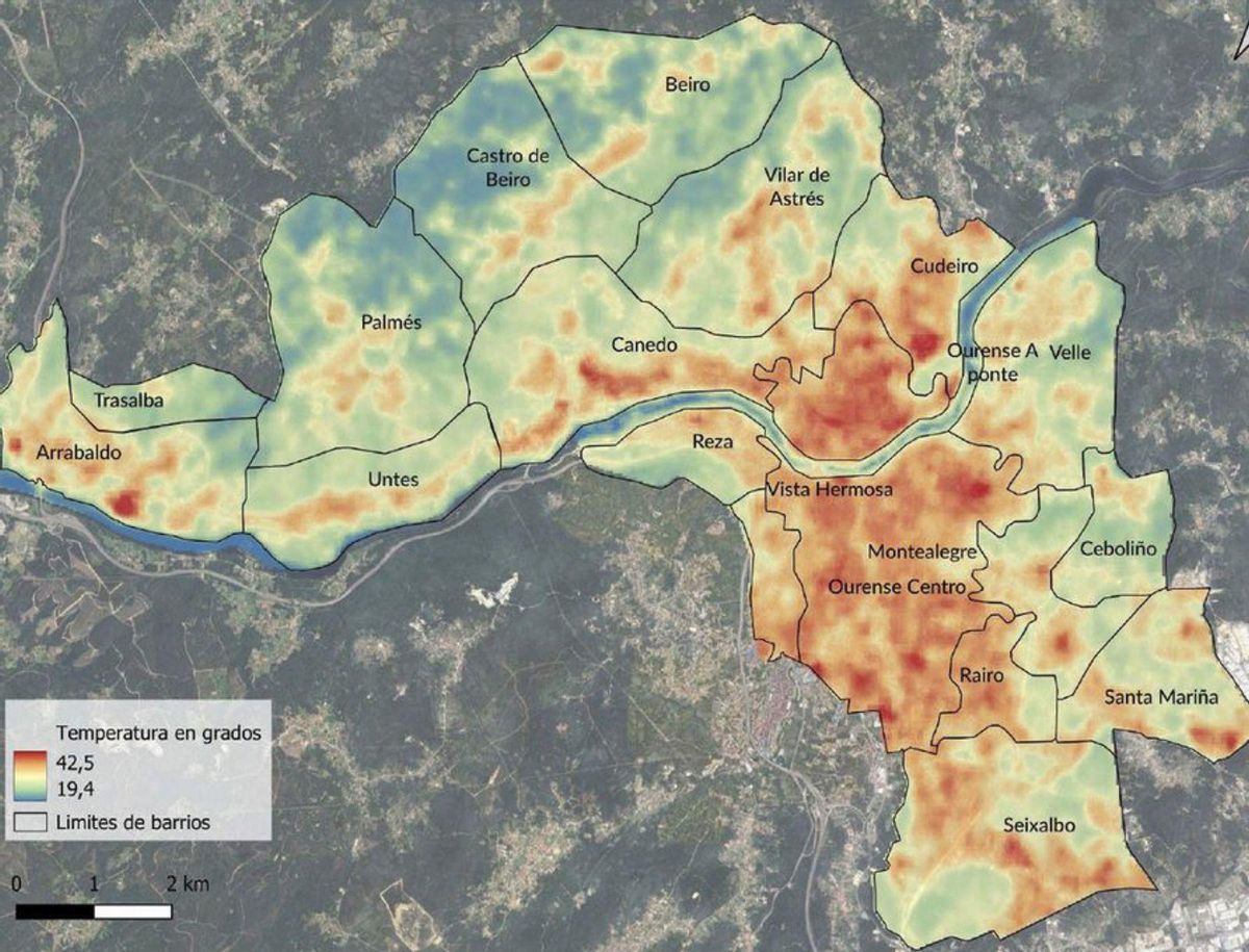 Mapa de las zonas con temperaturas más altas en la ciudad, recogidas en el estudio de la firma Pwacs. | I.O.