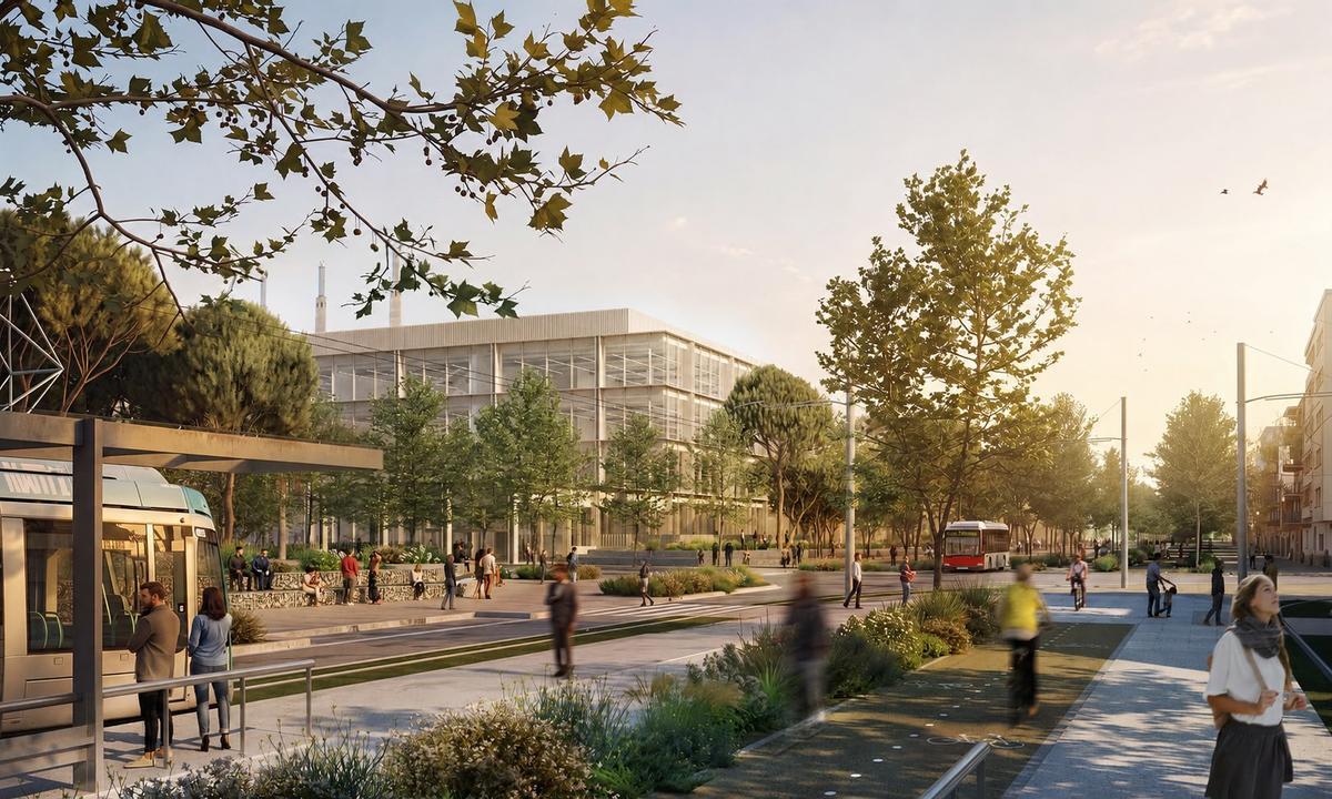 Recreación de la remodelación de la avenida de la Platja de Sant Adrià de Besòs, con las oficinas de Inditex al fondo.