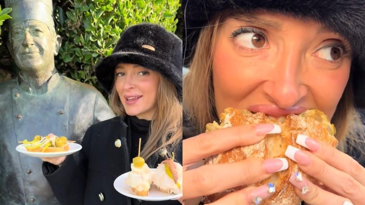 Edurne prueba los pinchos del bar de Karlos Arguiñano.