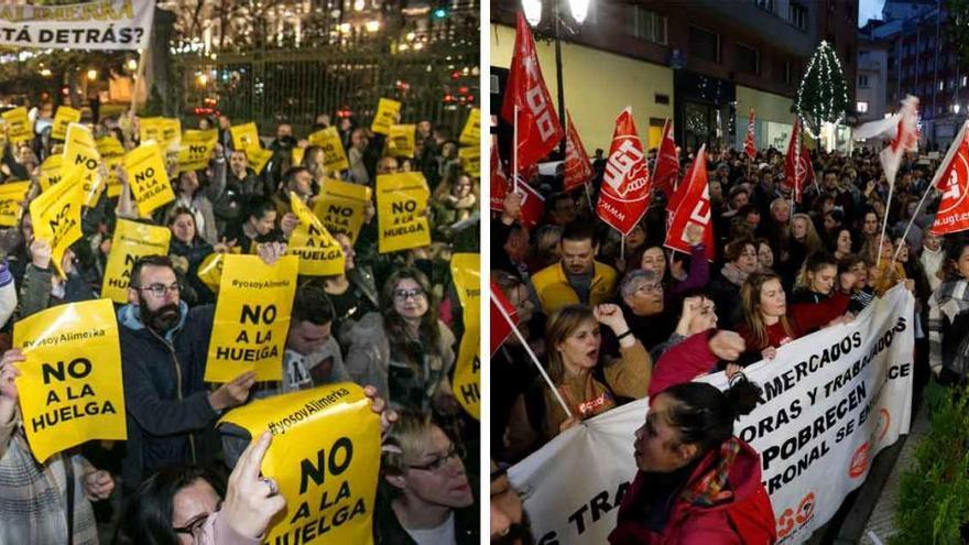 Trabajadores a favor y en contra de la huelga de supermercados se manifiestan en Oviedo