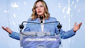 La primera ministra de Italia, Giorgia Meloni, durante la presentación de su candidatura a las elecciones europeas.