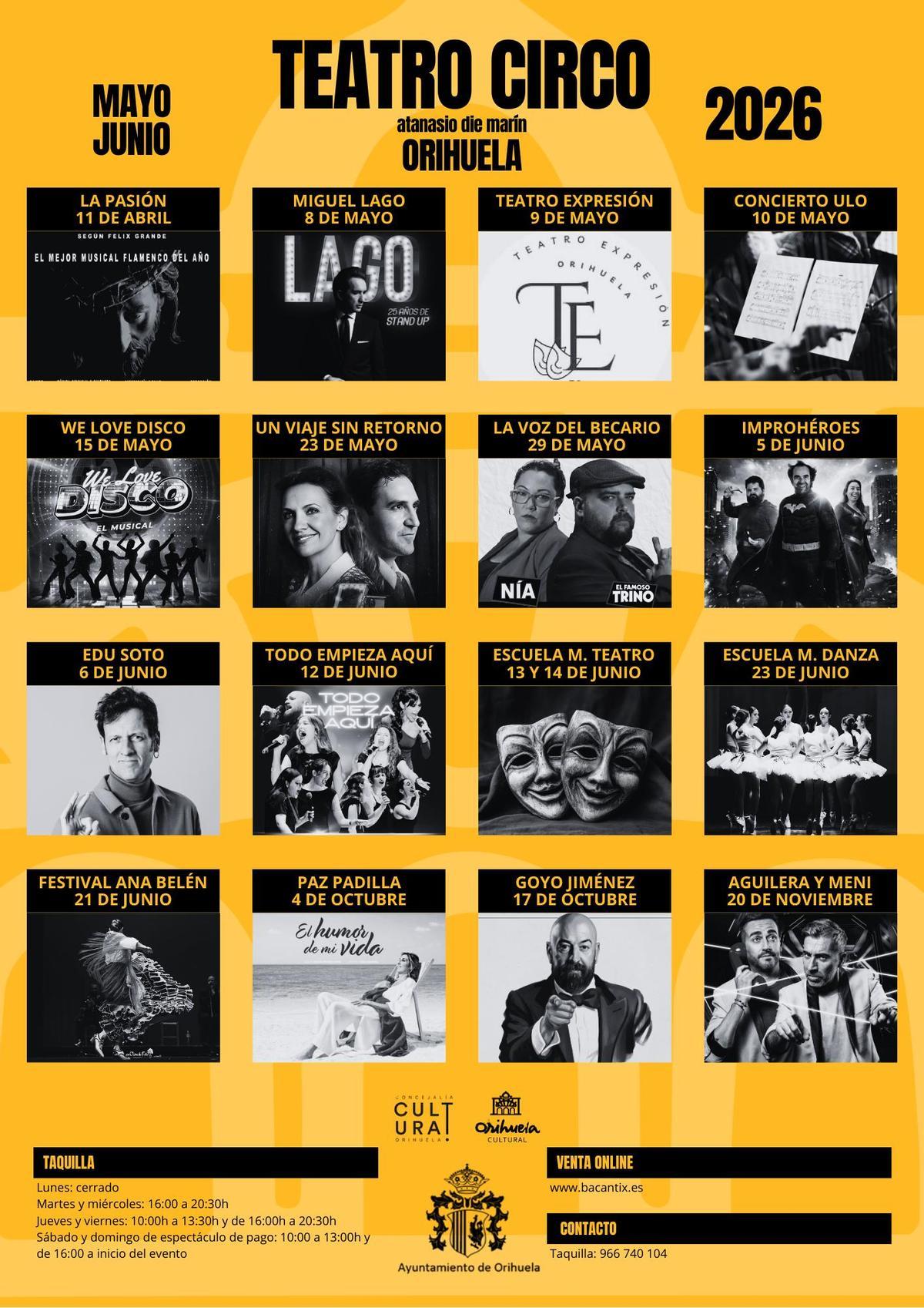 La programación del Teatro Circo se articula en torno a una oferta plural que combina teatro, comedia, música en directo, danza y grandes eventos.