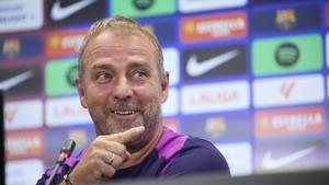Hansi Flick, en la sala de prensa de la ciudad deportiva este sábado.
