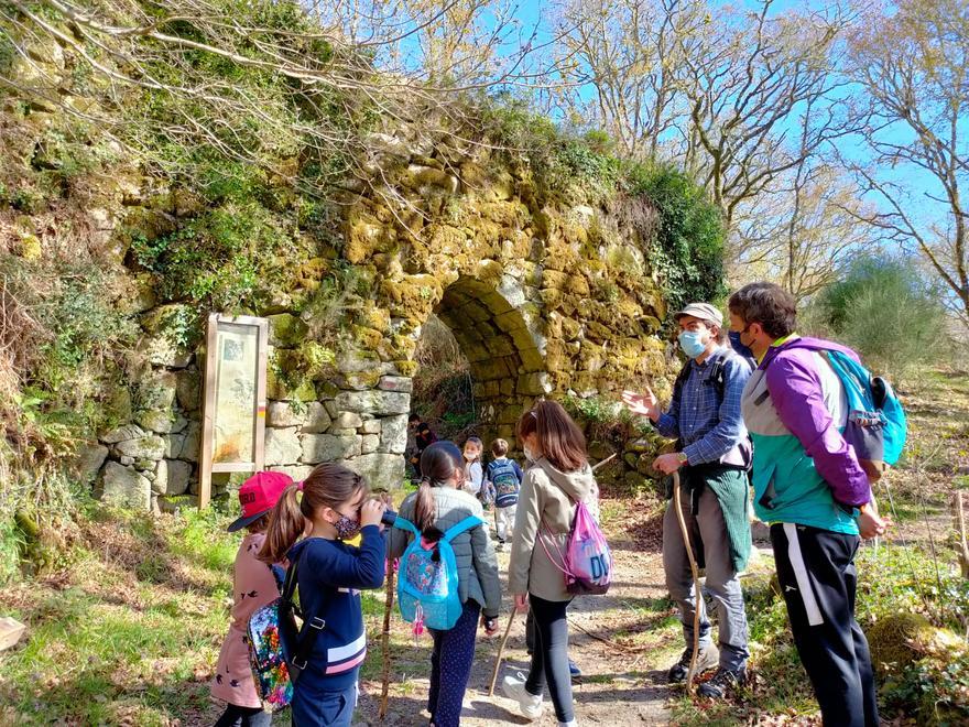 Un grupo de niños durante un recorrido por el Monte da Cidade, en Fornelos de Montes. / FdV