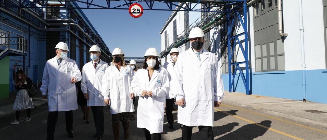 De izquierda a derecha, Jorge Álvarez, Pablo Fernández, Carmen Arbesú, Carolina Darias, Enrique Fernández y Bernardo Kanahuati, ayer en la zona exterior de la factoría de Bayer en Lada. | Luisma Murias