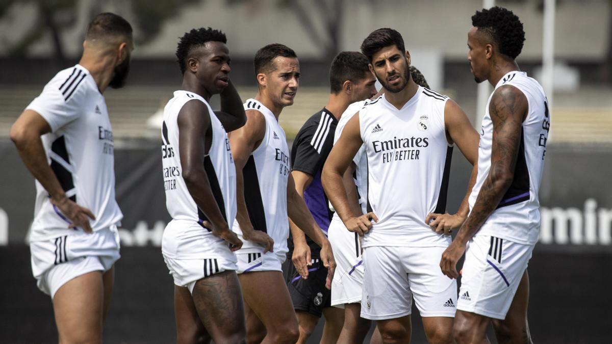 Los jugadores del Real Madrid, durante un entrenamiento en Los Ángeles (EEUU).