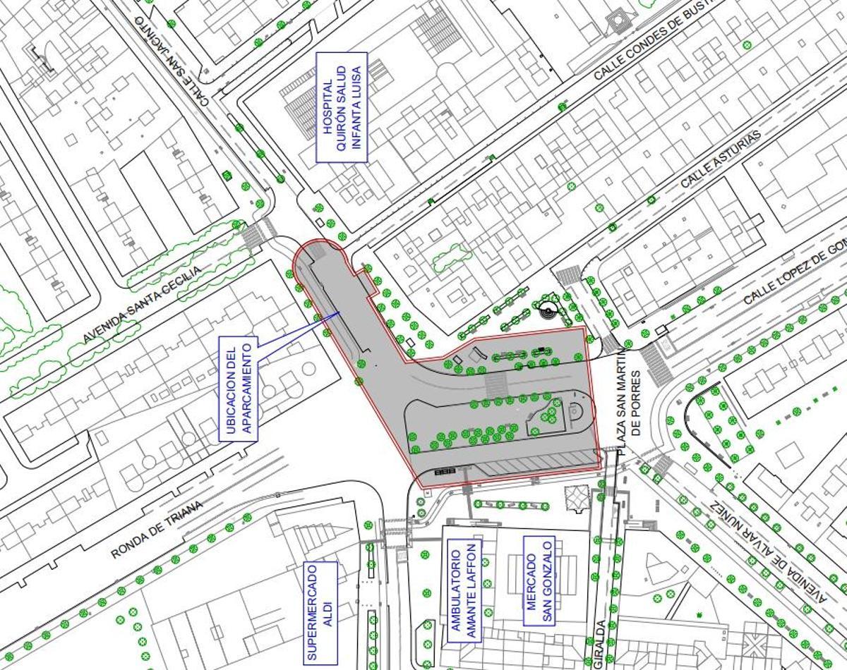 Mapa de la ubicación del futuro aparcamiento subterráneo de la plaza San Martín de Porres de Triana