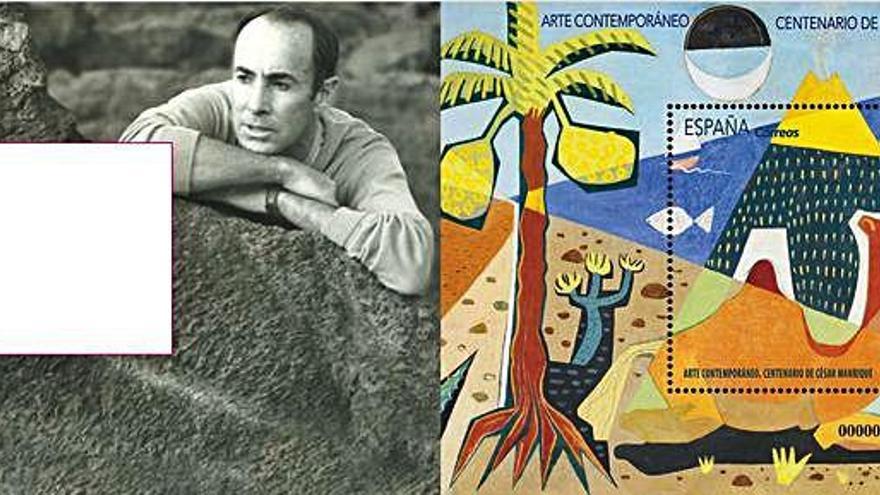 La hoja bloque de Correos con César Manrique y un fragmento del mural &#039;Lanzarote&#039; con el sello en su parte central.