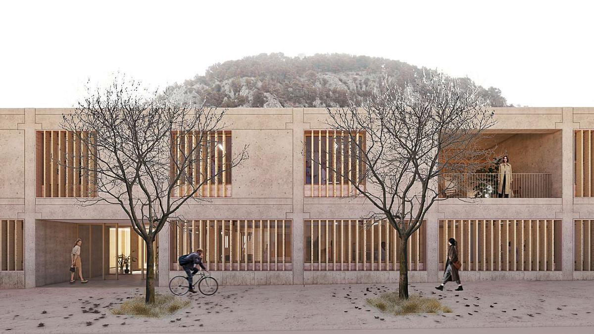 Recreación de la fachada del futuro centro sanitario, con el Puig de Maria al fondo.