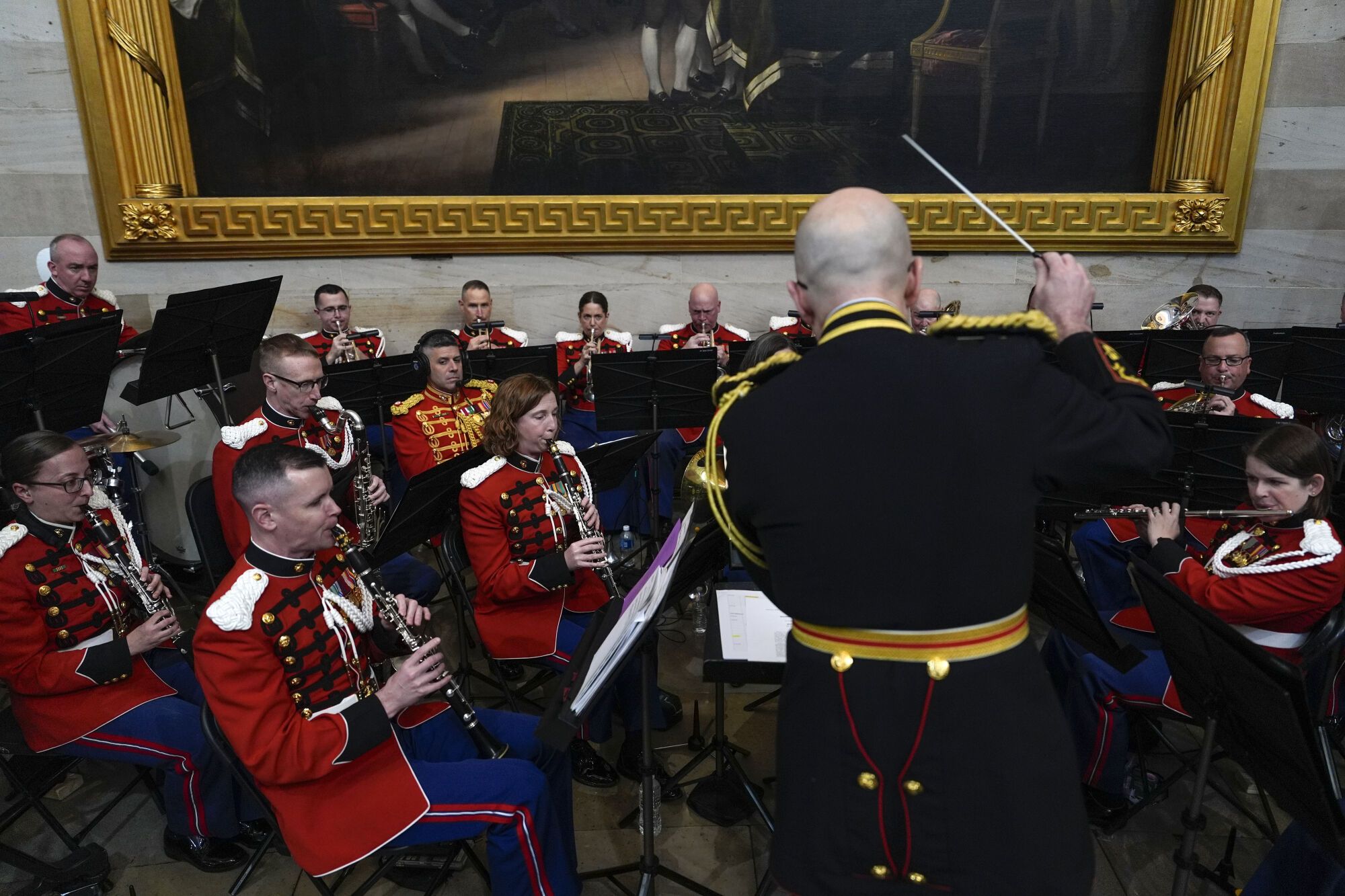 Director of "The President's Own" U.S. Marine Band, Lt. Col. Ryan Nowlin directs musicians before the 60th Presidential Inauguration in the Rotunda of the U.S. Capitol in Washington, Monday, Jan. 20, 2025. (AP Photo/Julia Demaree Nikhinson, Pool). Pool Photo