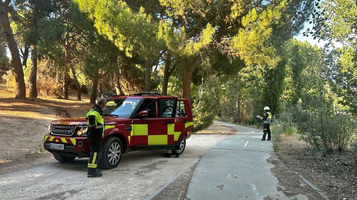 Los bomberos controlando el incendio en Arroyomolinos (Madrid).