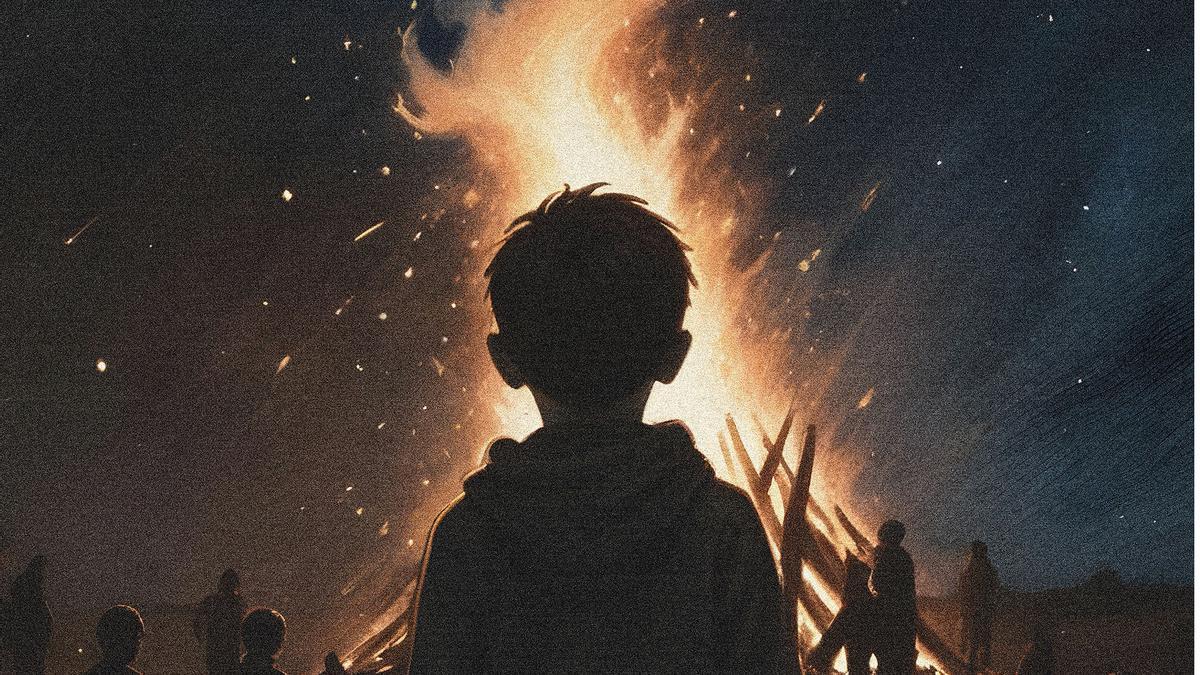 Un niño contempla una hoguera en la Noche de San Juan.