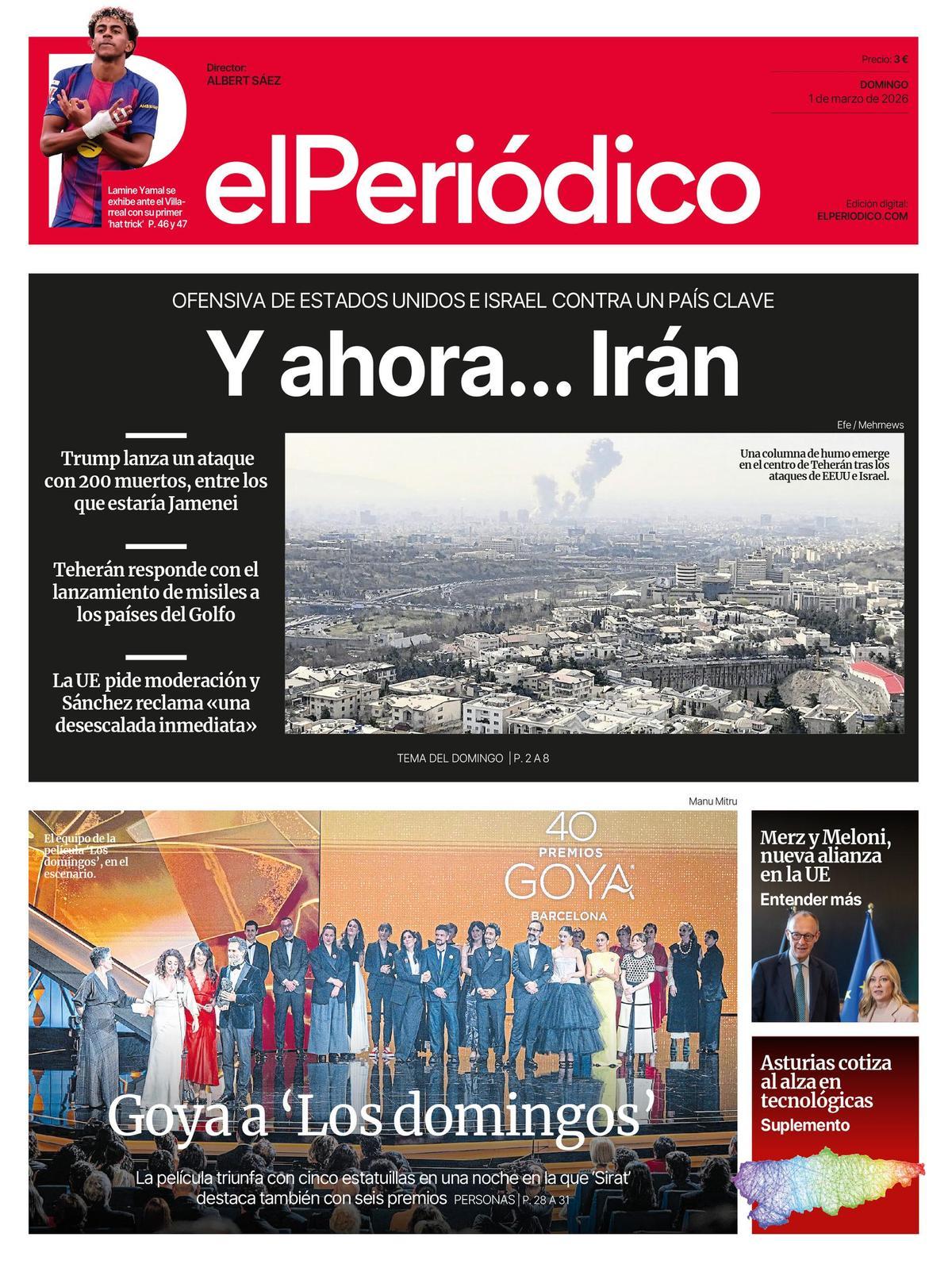 La portada de EL PERIÓDICO del 1 de marzo de 2026