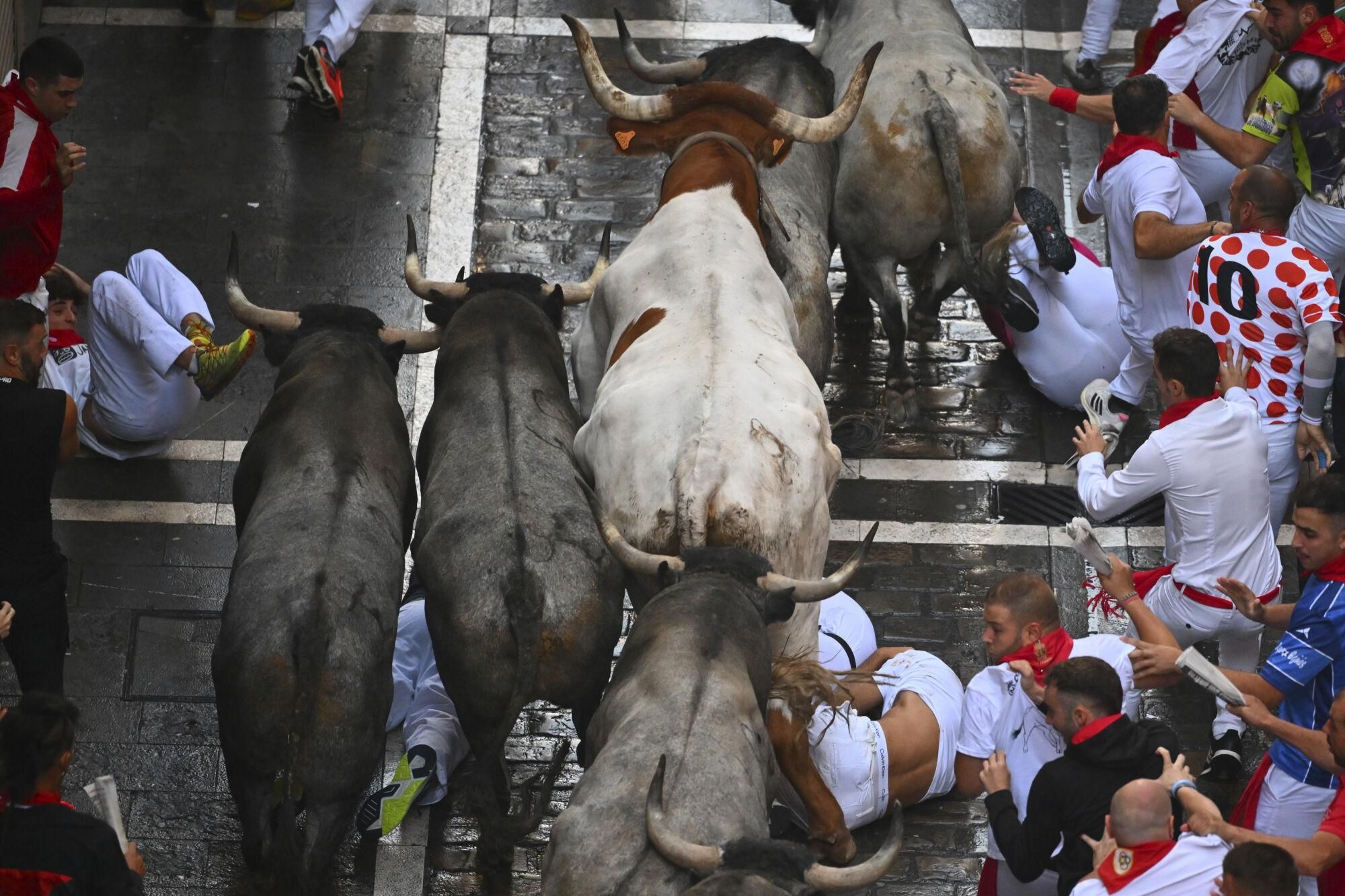 Revelers run alongside José Escolar Gil's fighting bulls during the sixth running of the bulls at the San Fermín Festival in Pamplona, Spain, Saturday, July 12, 2025. (AP Photo/Miguel Oses)