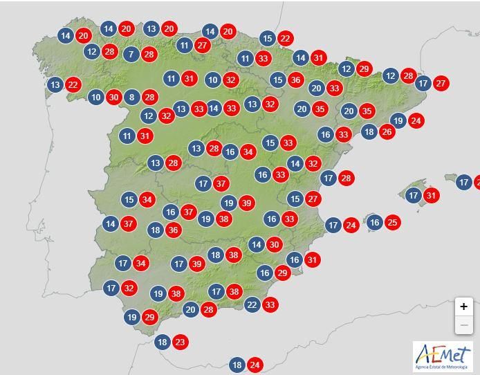 Temperaturas previstas para el jueves 19 de mayo en la Península.