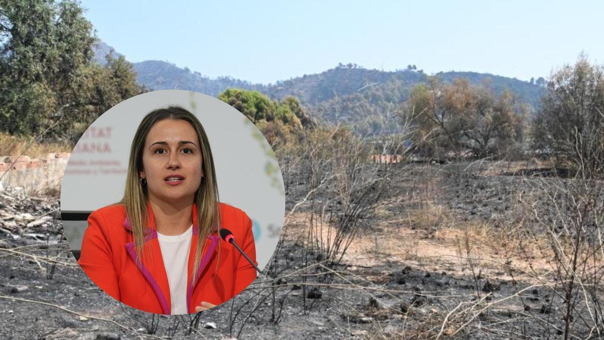 La alcaldesa de la Vall d'Uixó, Tania Baños, junto a una imagen del incendio.