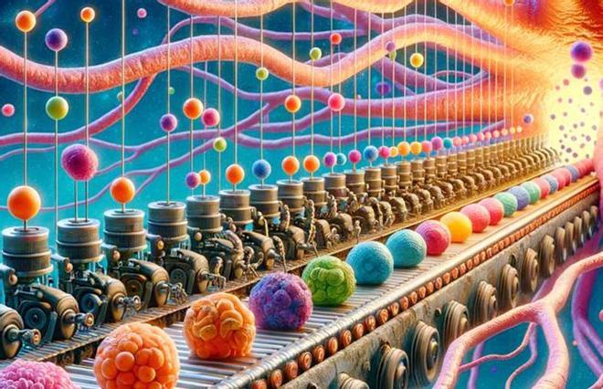 Representación artística del interior de una neurona que se asemeja a la línea de montaje de una fábrica: las esferas proteicas desgastadas son siendo reemplazadas y mejoradas por esferas proteicas más nuevas y vibrantes.