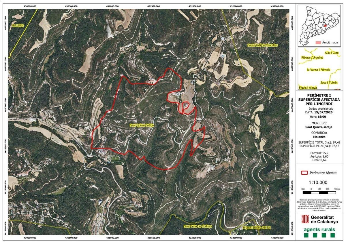 En vermell, el perímetre de l'incendi de Sant Quirze Safaja