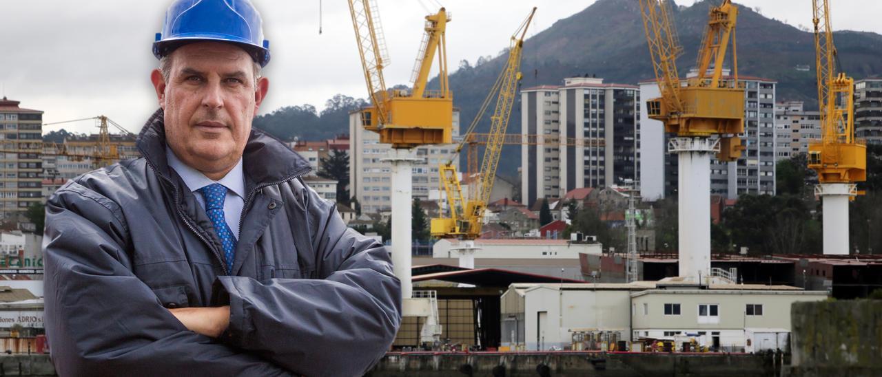 En primer plano, Álvaro Platero, presidente de Astilleros Gondán. De fondo, vista de las instalaciones de Barreras.