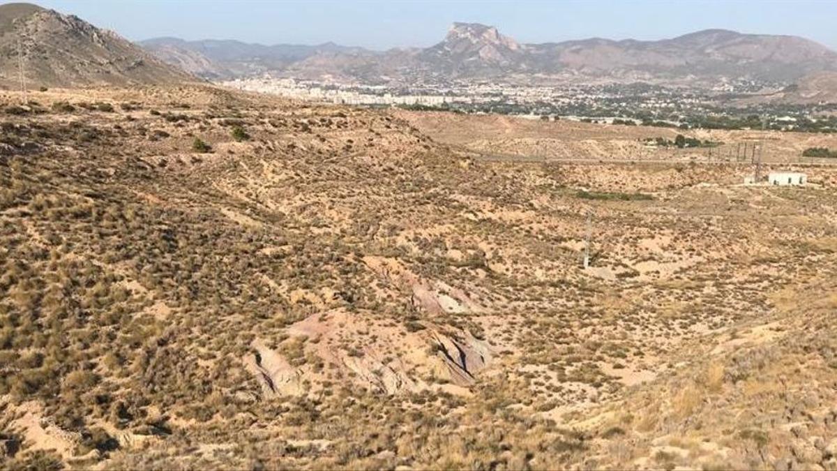 Paisaje desértico situado entre los términos de Monóvar y Elda donde se aprecia al fondo la sierra del Cid-Maigmó.