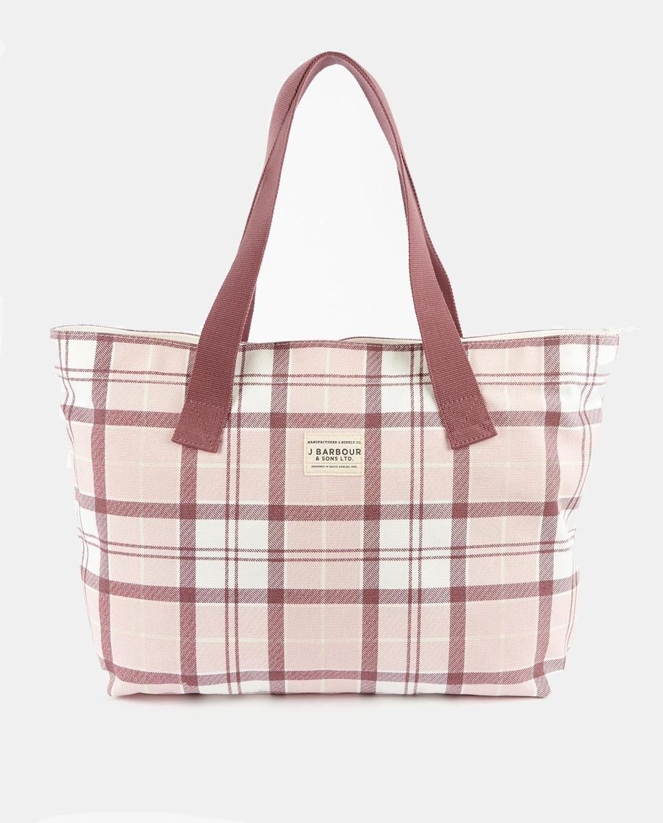 Barbour Tote grande de lona con print tartán en tonos lila