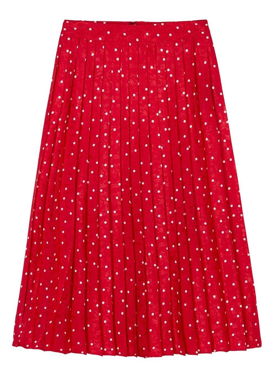 Falda midi plisada roja con topitos blancos de find. (Precio: 10,53 euros a 39,00 euros)