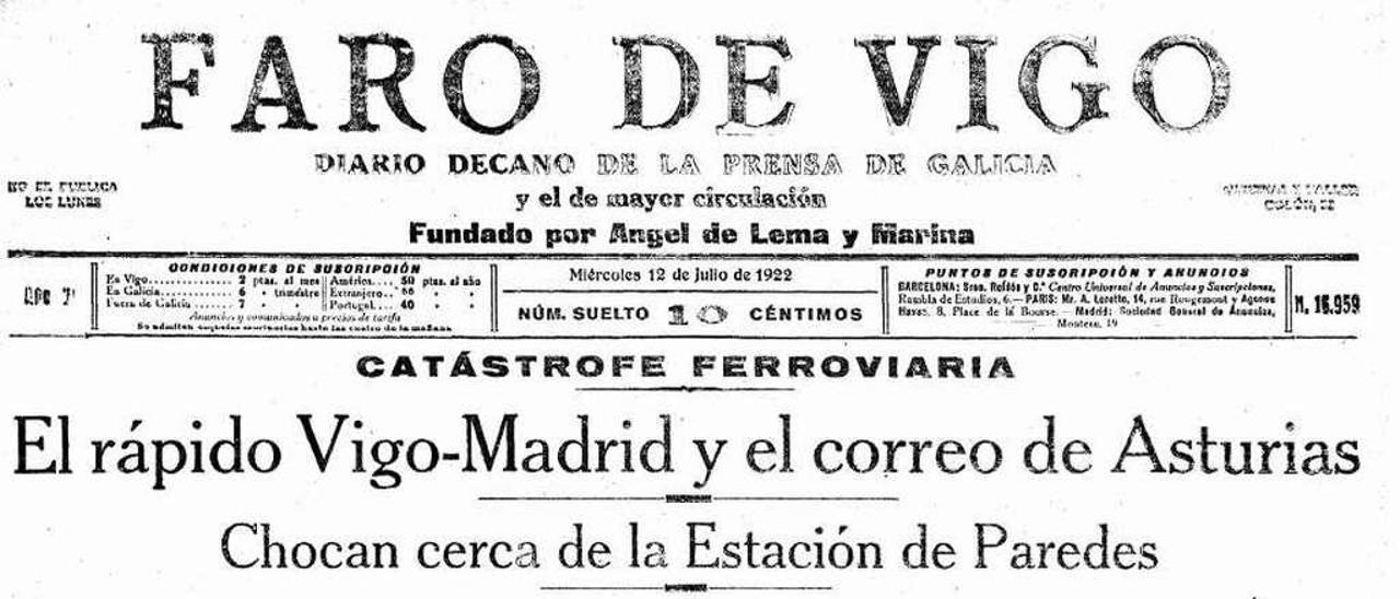 Portada del Decano al día siguiente de producirse el accidente ferrorrivario en Paredes de Nava. Aunque se hablaba de 50 muertos, la cifra final de fallecidos fue de 32 y 19 heridos. // FdV